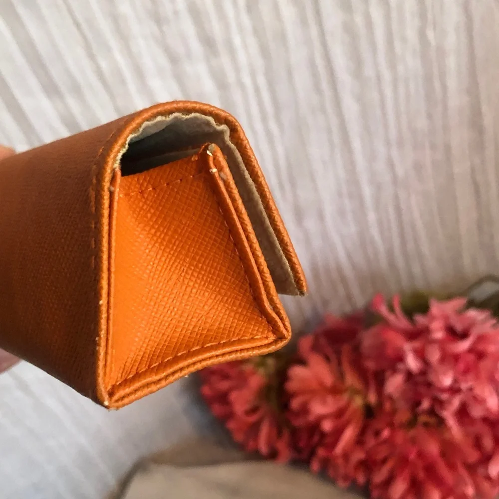 TORY BURCH orange leather eye glasses case triangle snap close gold Miller logo